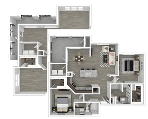 A 3D floor plan of a house with multiple rooms and furniture.